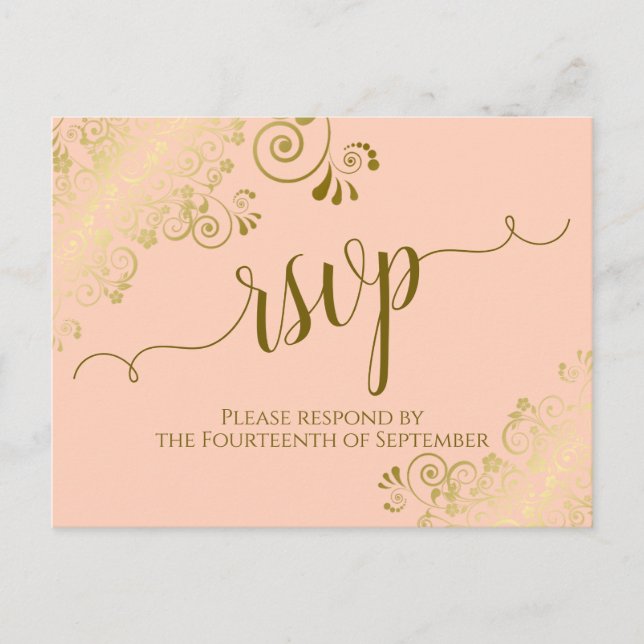 Lacy Guld Calligraphy Coral Peach Bröllop OSA Vykort (Framsida)