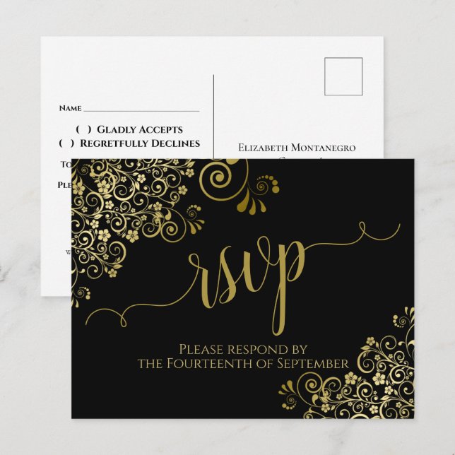 Lacy Guld Calligraphy Elegant Black Bröllop OSA Vykort (Fram/baksida)