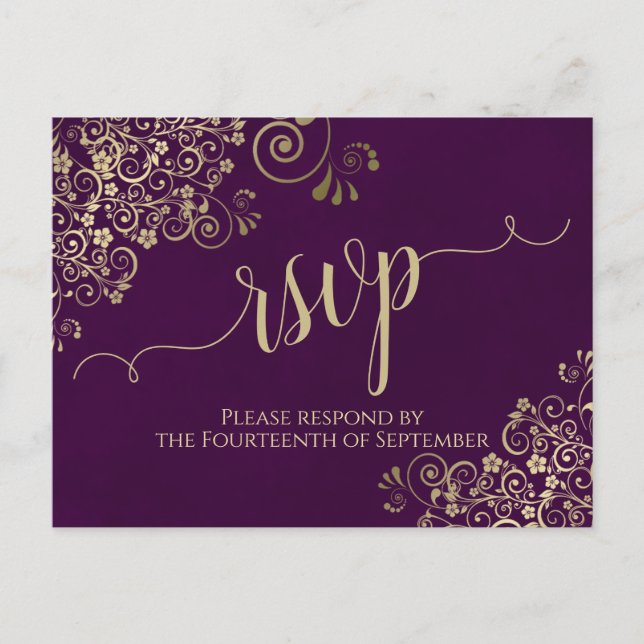 Lacy Guld Calligraphy Elegant Lila Bröllop OSA Vykort (Framsida)