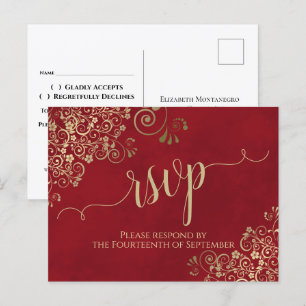 Lacy Guld Calligraphy Elegant Red Bröllop OSA Vykort