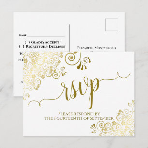 Lacy Guld Calligraphy Elegant White Bröllop OSA Vykort