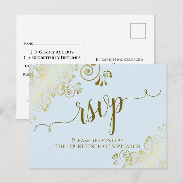 Lacy Guld Calligraphy Powder Blue Bröllop OSA Vykort (Fram/baksida)