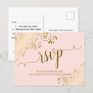 Lacy Guld Calligraphy  Rosa Bröllop OSA Vykort