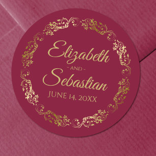 Lacy Guld Filigree Elegant Maroon Burgundy Bröllop Runt Klistermärke