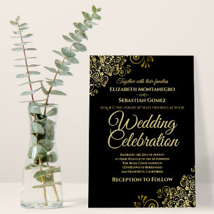 Lacy Guld Filigree på Black Simple Elegant bröllop Inbjudningar