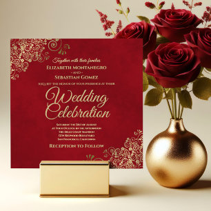 Lacy Guld Frills på Crimson Red Elegant bröllop Inbjudningar