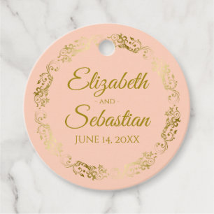 Lacy Guld Gräns Elegant Coral Peach Bröllop Gåvor Etiketter