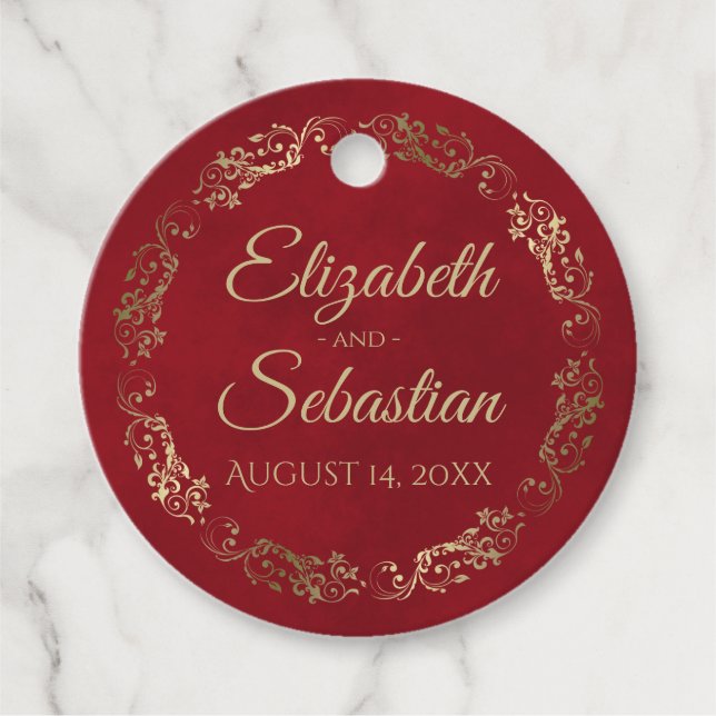 Lacy Guld Gräns Elegant Crimson Red Bröllop Gåvor Etiketter (Framsida)