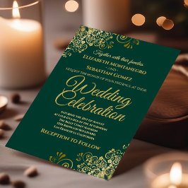 Lacy Guld på Emerald Grönt Simple Elegant bröllop Inbjudningar