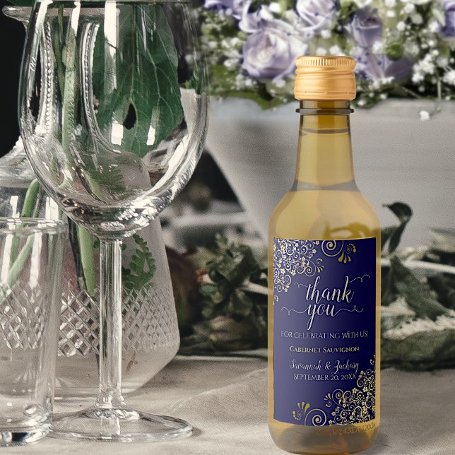 Lacy Guld på flottan Blue Bröllop Tack Mini Vinetikett (Skapare uppladdad)