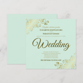 Lacy Guld på Mint Grönt Elegant Square Bröllop Inbjudningar