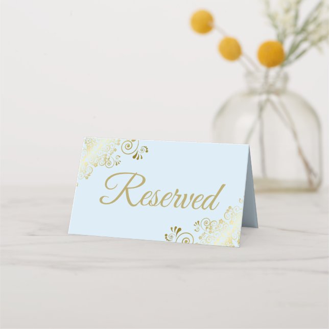 Lacy Guld Powder Blue Elegant bröllop Reserved Placeringskort (Framsida)
