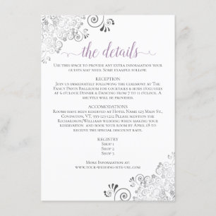 Lacy Lavender Calligraphy on White Bröllop Informa Tilläggskort
