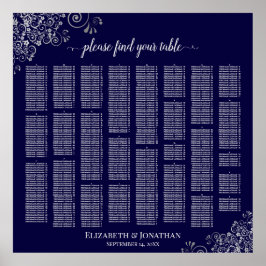 Lacy Navy Blue & Silver Alfabetical Seating Chart Poster