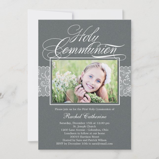 Lacy Ribbon Photo First Communion-inbjudan Inbjudningar (Framsida)