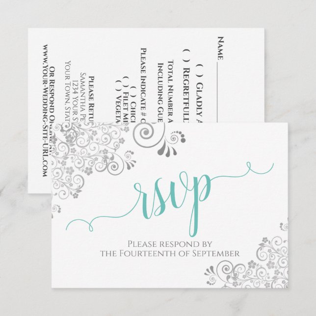 Lacy Silver & Aqua på vit elegant skript bröllop OSA Kort (Fram/baksida)