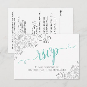 Lacy Silver & Aqua på White Elegant Script Bröllop OSA Kort