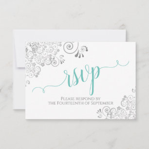 Lacy Silver & Aqua på White Elegant Script Bröllop OSA Kort