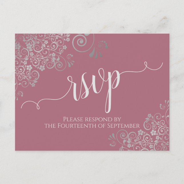 Lacy Silver Calligraphy Dusty Ro Bröllop OSA Vykort (Framsida)