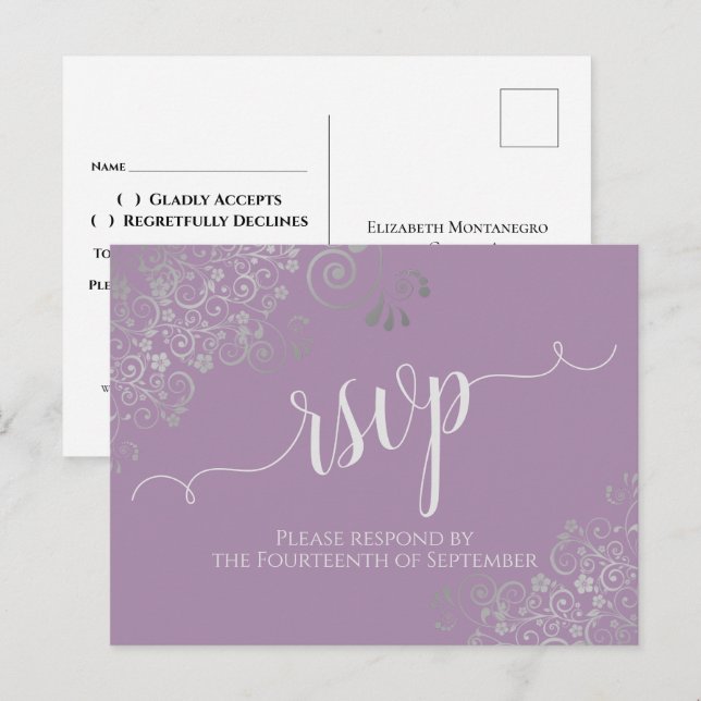 Lacy Silver Calligraphy Lavender Bröllop OSA Vykort (Fram/baksida)