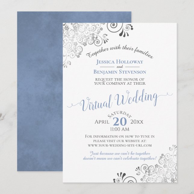 Lacy Silver Elegant Blue & White Virtuella Bröllop Inbjudningar (Fram/baksida)