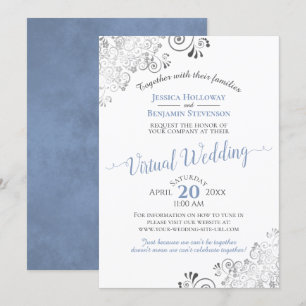 Lacy Silver Elegant Blue & White Virtuella Bröllop Inbjudningar
