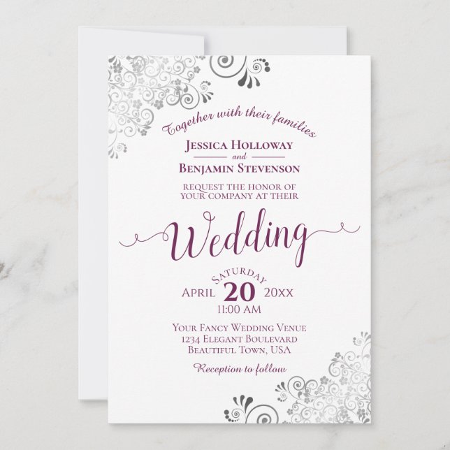 Lacy Silver Elegant Cassis Lila på White Bröllop Inbjudningar (Framsida)