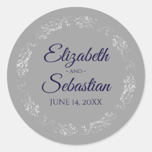 Lacy Silver Filigree Elegant Navy på Grått Bröllop Runt Klistermärke