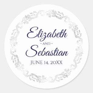 Lacy Silver Filigree Elegant Navy vid Vita Bröllop Runt Klistermärke