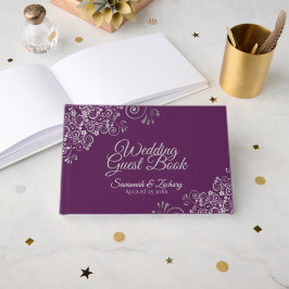 Lacy Silver Filigree Elegant Plum Purple Wedding Gästböcker