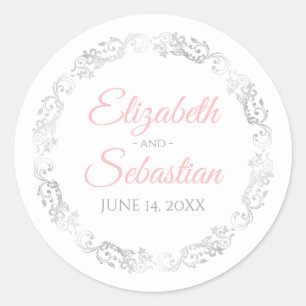Lacy Silver Filigree Elegant Rosa på White Bröllop Runt Klistermärke