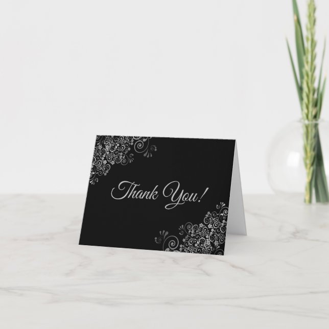 Lacy Silver Frills Elegant Black Bröllop Photo Tack Kort (Framsida)