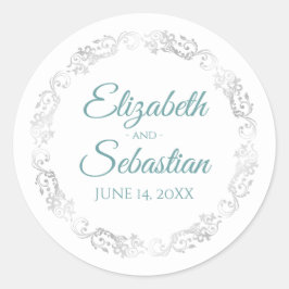 Lacy Silver Gräns Elegant Teal & White Bröllop Runt Klistermärke