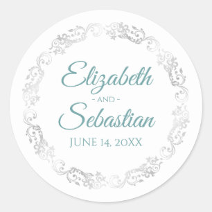 Lacy Silver Gräns Elegant Teal & White Bröllop Runt Klistermärke
