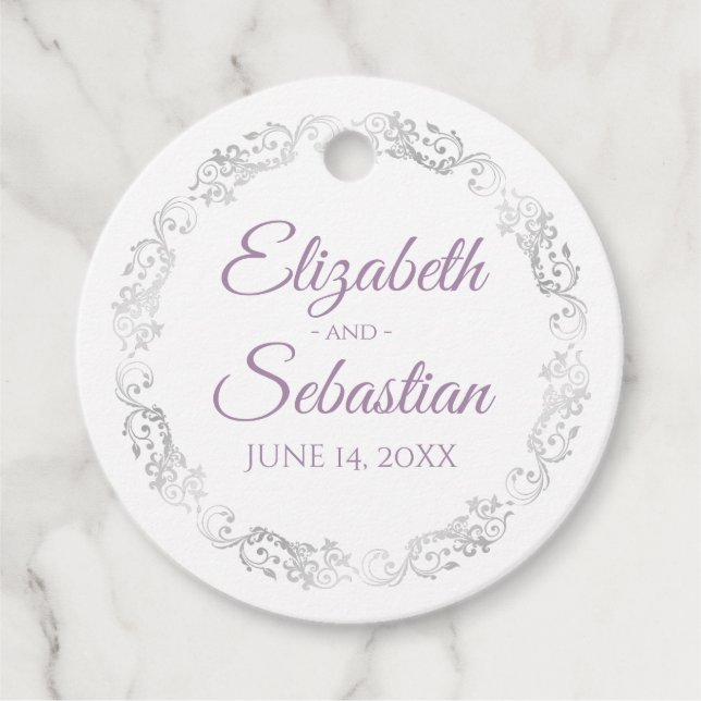 Lacy Silver Gräns Lavender & White Chic Bröllop Gåvor Etiketter (Framsida)