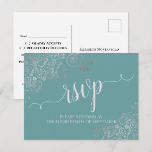 Lacy Silver Kalligrafi Teal Bröllop RSVP Vykort