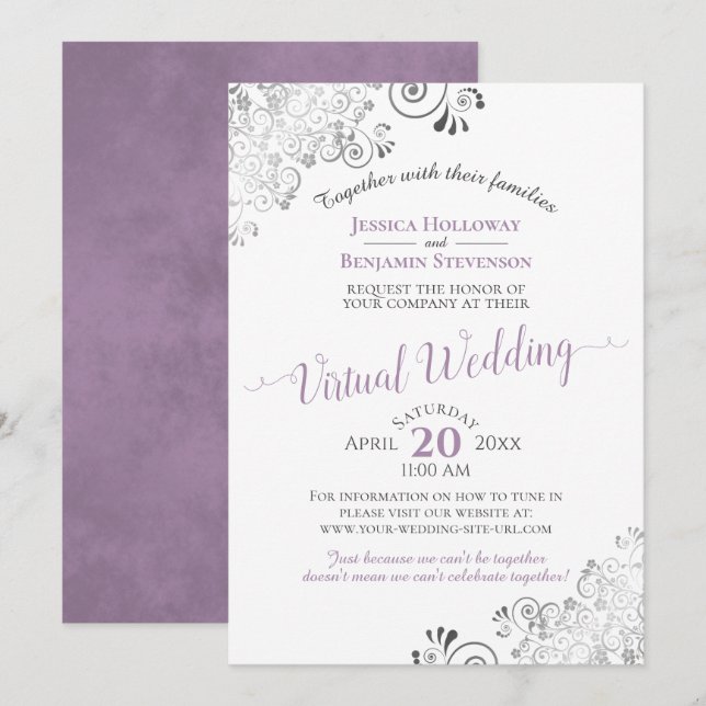 Lacy Silver Lavender & White Virtuella Bröllop Inbjudningar (Fram/baksida)