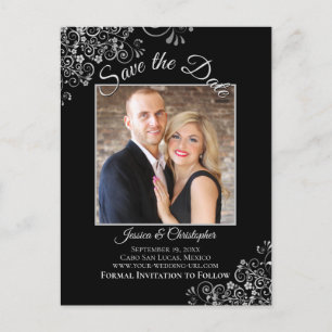 Lacy Silver på Black Wedding Save the Date Photo Meddelande Vykort