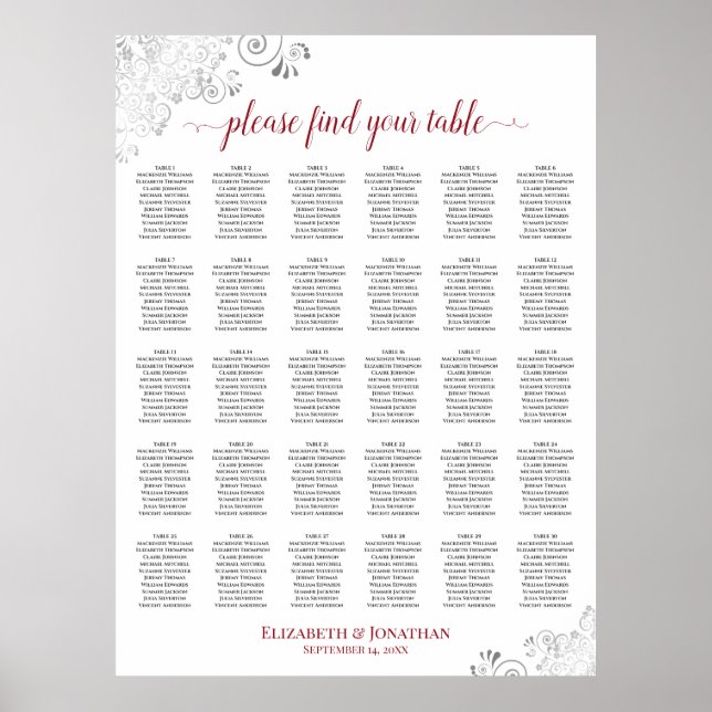 Lacy Silver & Red 30 Bord Bröllop Placeringsplan Poster (Framsidan)