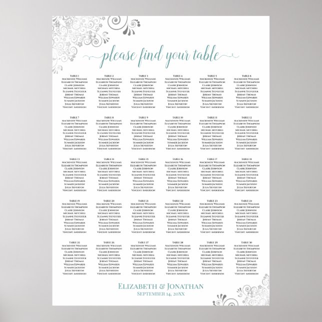 Lacy Silver & Teal 30 Bord Bröllop Placeringsplan Poster (Framsidan)