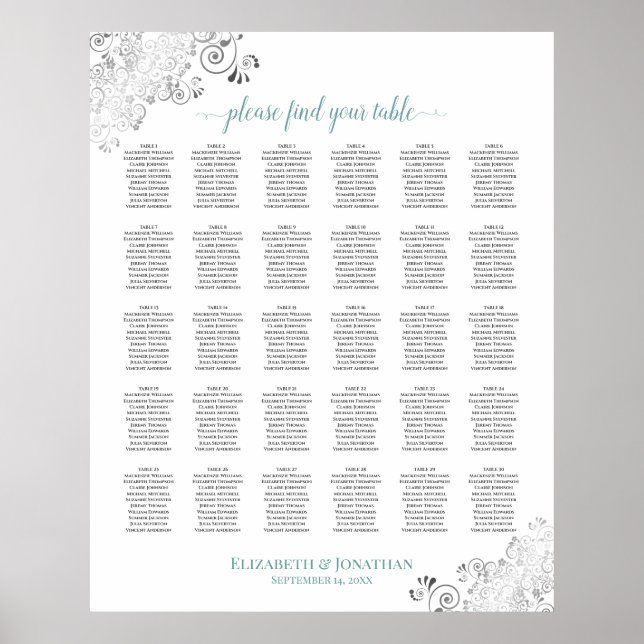 Lacy Silver & Teal 30 Bord Bröllop sätesdiagram Poster (Framsidan)