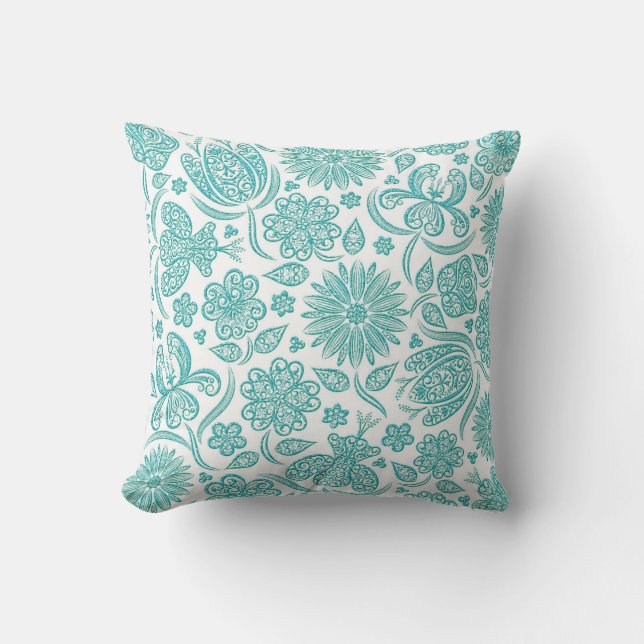 Lacy Teal Aqua Blommönster Kudd Kudde (Framsida)
