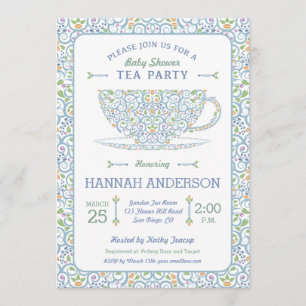 Lacy Tekopp Baby Shower Blue Tea Party-inbjudan Inbjudningar