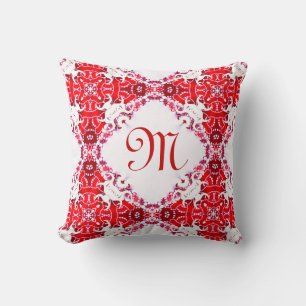 Lacy Tribal Batik Monogram Red White Cushion Kudde