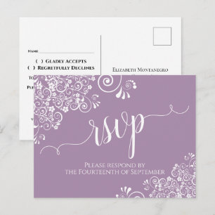Lacy White Calligraphy Dusty Purple Bröllop RSVP Vykort