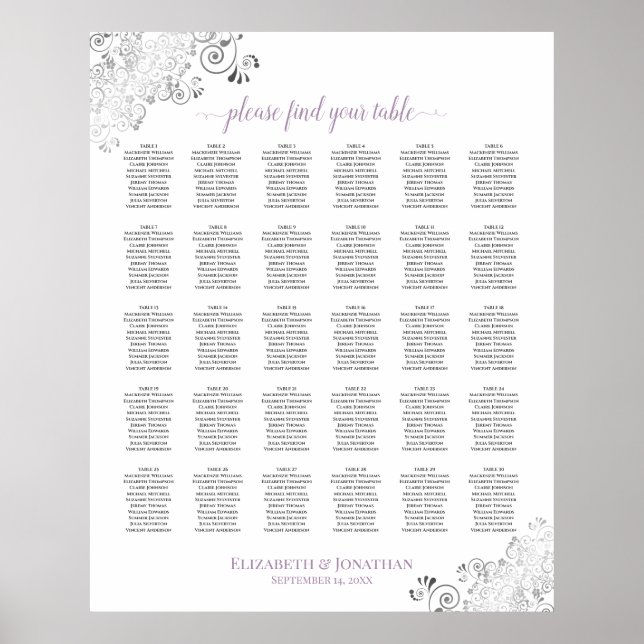 Lacy White Lavender 30 Bord Bröllop-sätesdiagram Poster (Framsidan)