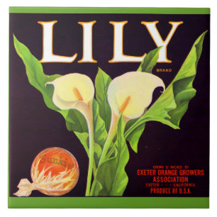 låda-etikett för Lily orange på 1930-talet Kakelplatta