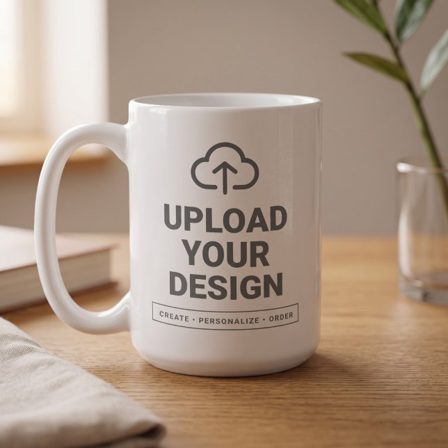 Ladda upp din grafik kaffemugg (Simulated mug on table)