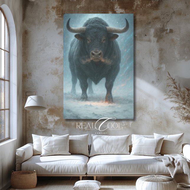 Laddande tjur i snö Vinterblå västerländsk konst Canvastryck (Charging Bull in Snow Winter Blue Western Art Canvas Print)