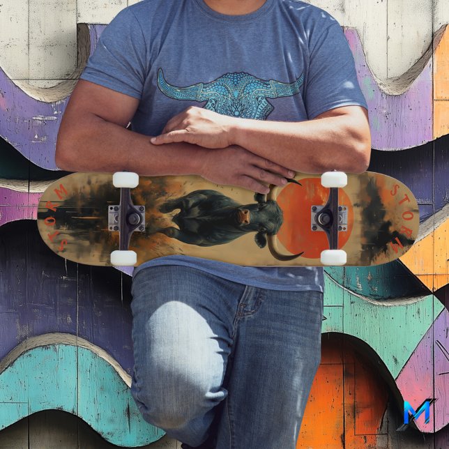 Laddande tjur under eldig solnedgång, Retro kraft Mini Skateboard Bräda 18,5 Cm (Skapare uppladdad)